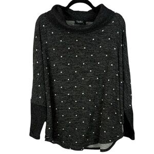 Papillon Charcoal Gray Sweater White Polka Dots Cowl Neck Dolman Sleeve XL Top